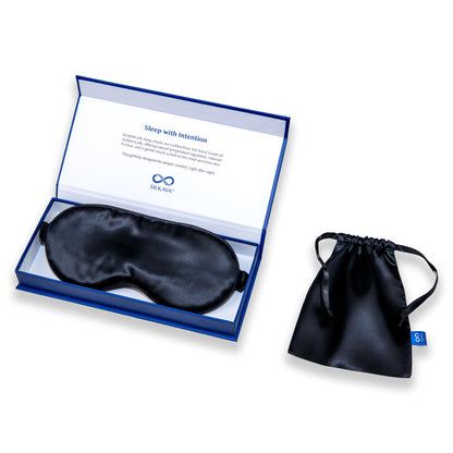 SILKAVA silk sleep mask inside gift box packaging and matching silk travel pouch, black