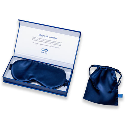 SILKAVA silk sleep mask inside gift box packaging and matching silk travel pouch, navy