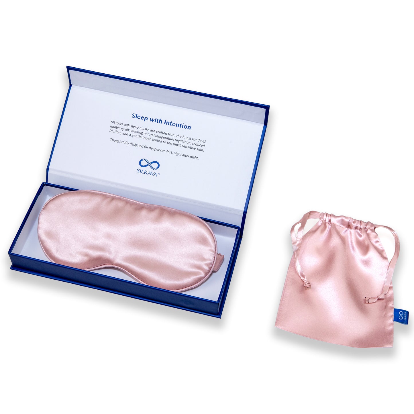 SILKAVA silk sleep mask inside gift box packaging and matching silk travel pouch, pink
