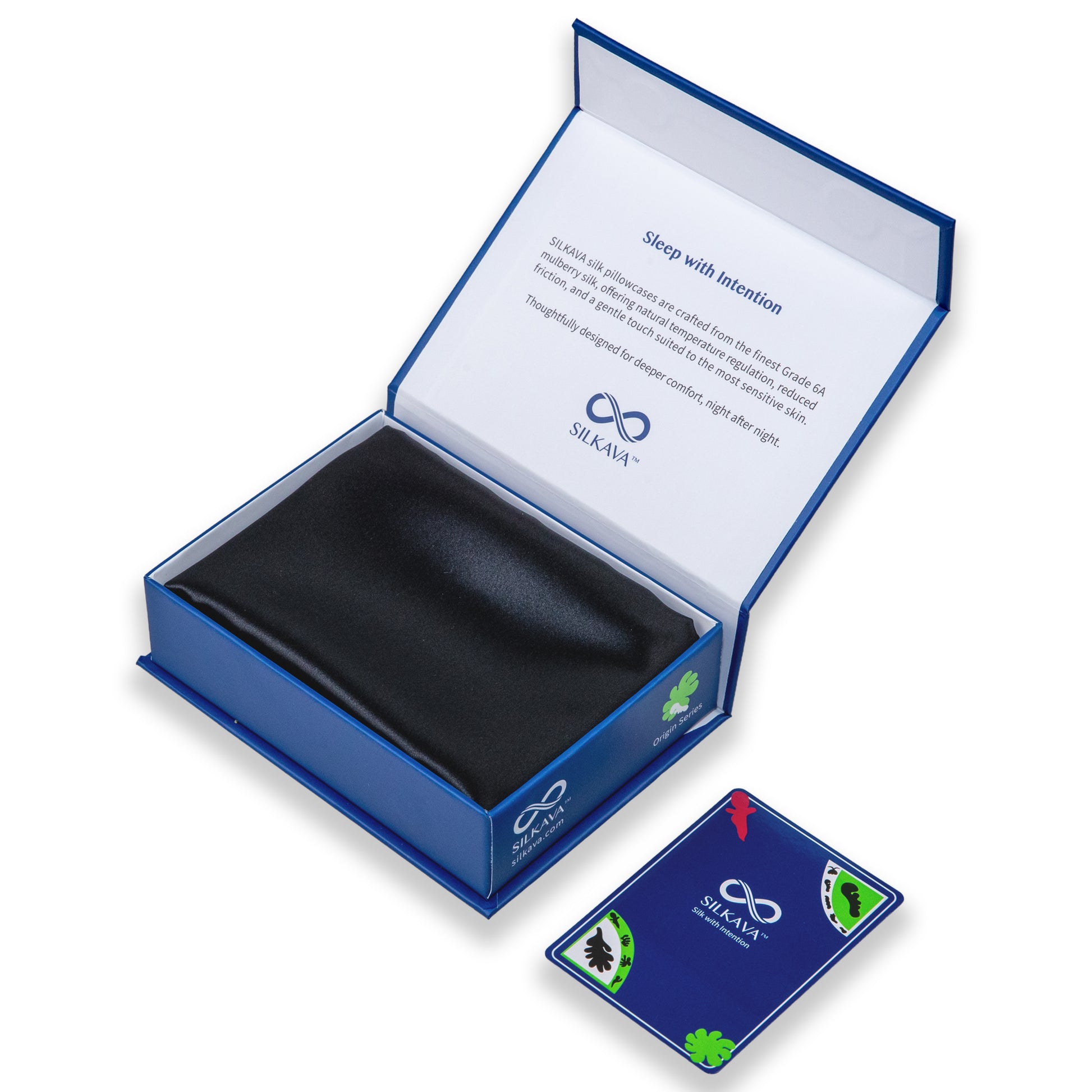 SILKAVA silk pillowcase in packaging alongside Origin Series collectible card, black