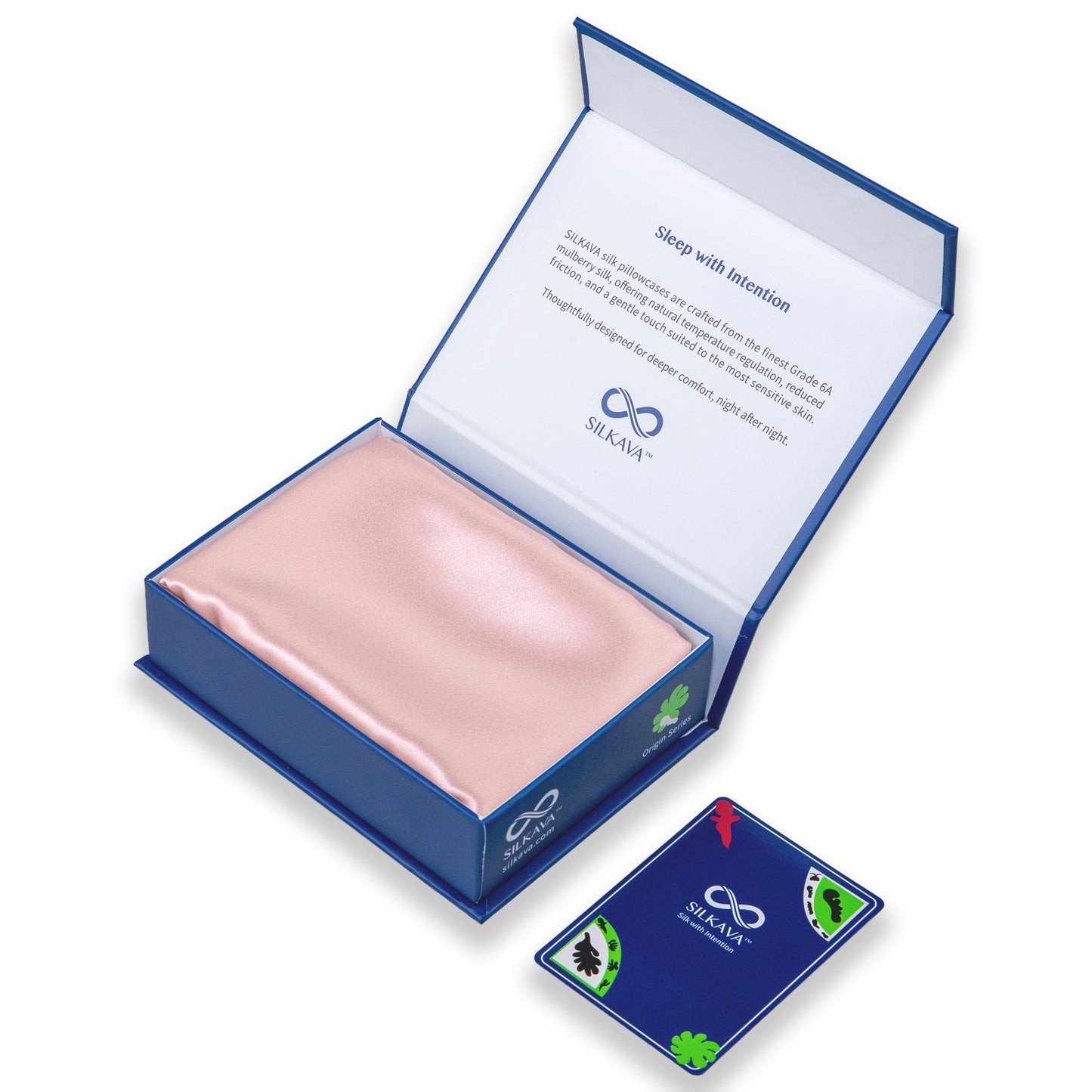 SILKAVA silk pillowcase in packaging alongside Origin Series collectible card, pink