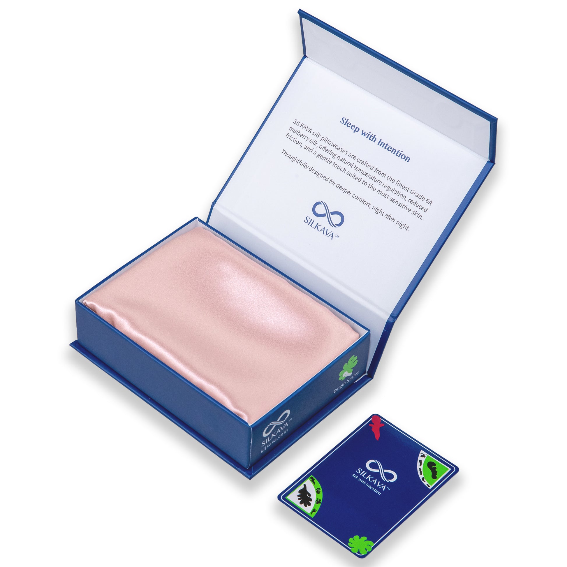 SILKAVA silk pillowcase in packaging alongside Origin Series collectible card, pink