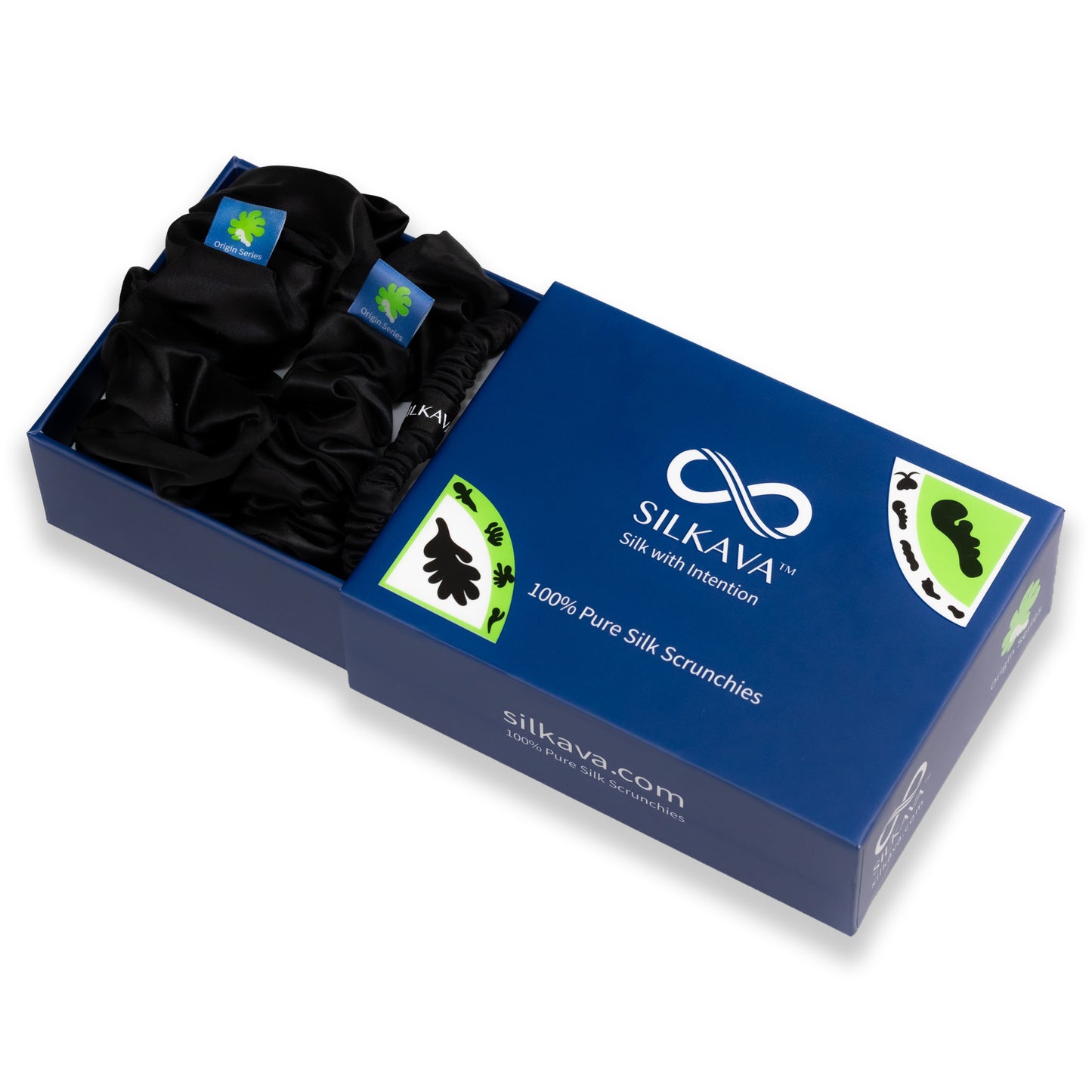 SILKAVA silk scrunchie, Large, Midi, Small Size Set, black, in gift box packaging
