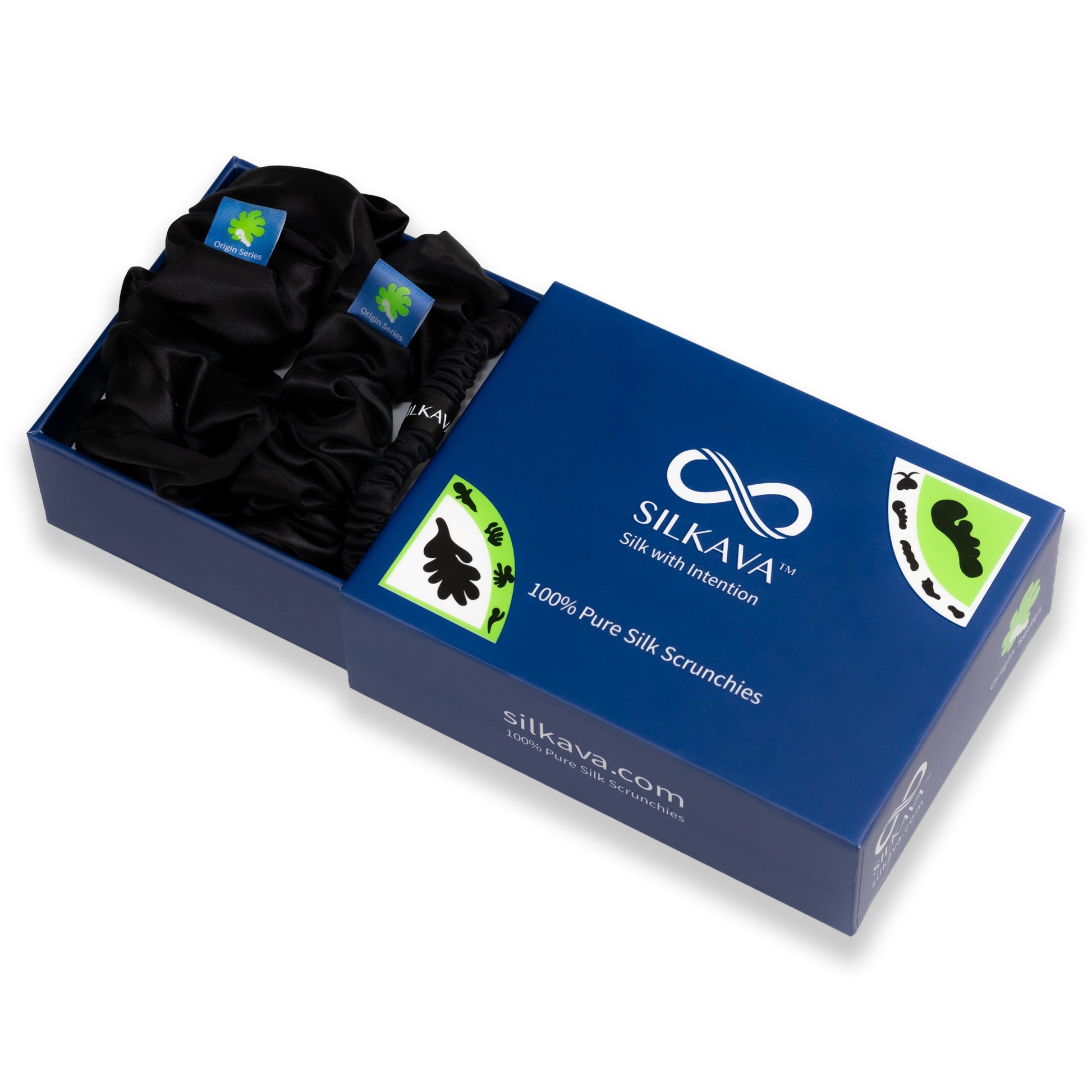SILKAVA silk scrunchie, Large, Midi, Small Size Set, black, in gift box packaging