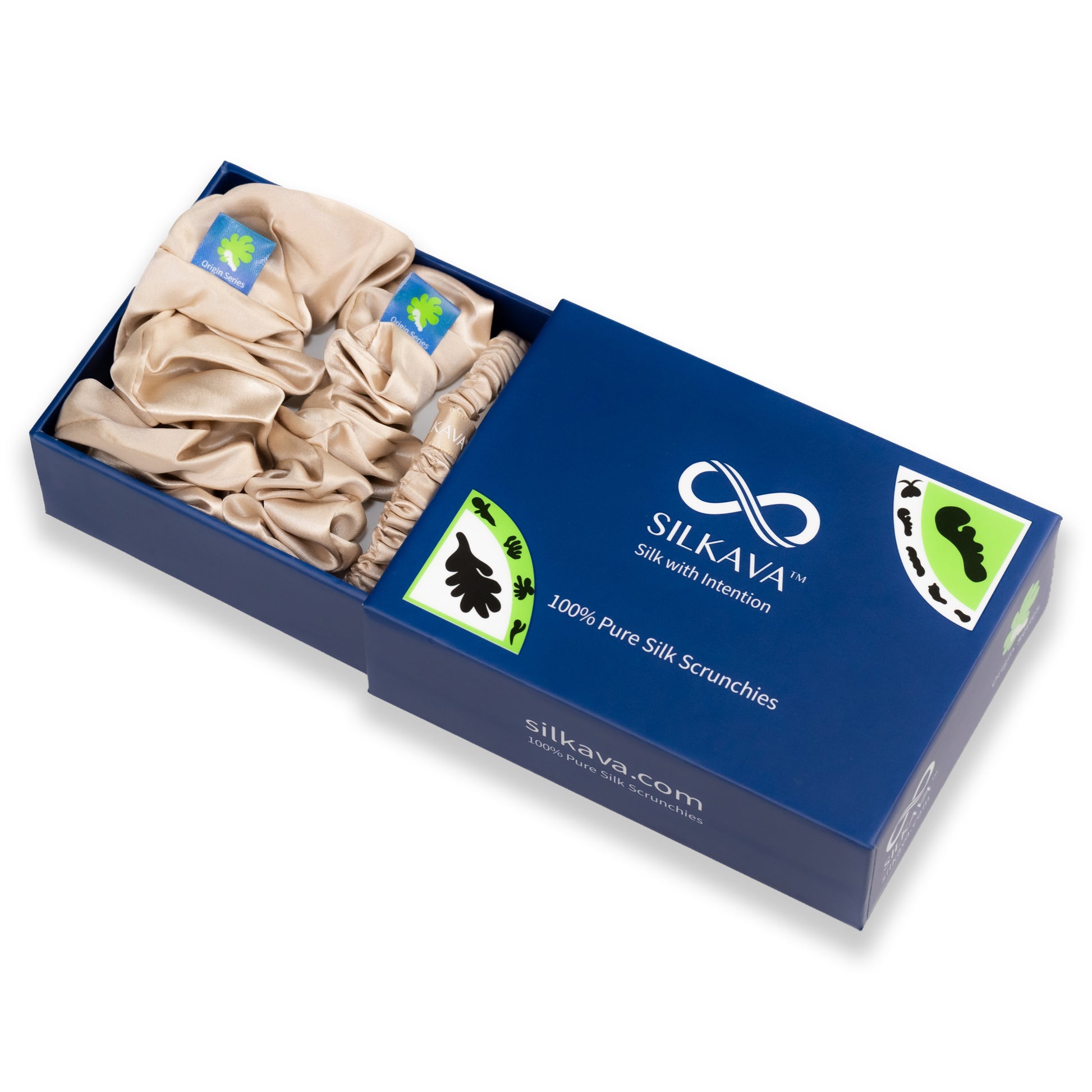 SILKAVA silk scrunchie, Large, Midi, Small Size Set, champagne, in gift box packaging
