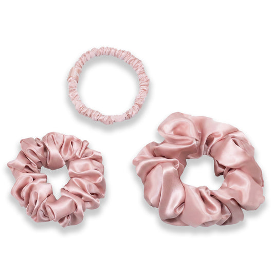 SILKAVA silk scrunchies, Large, Midi, Small Size Set, pink